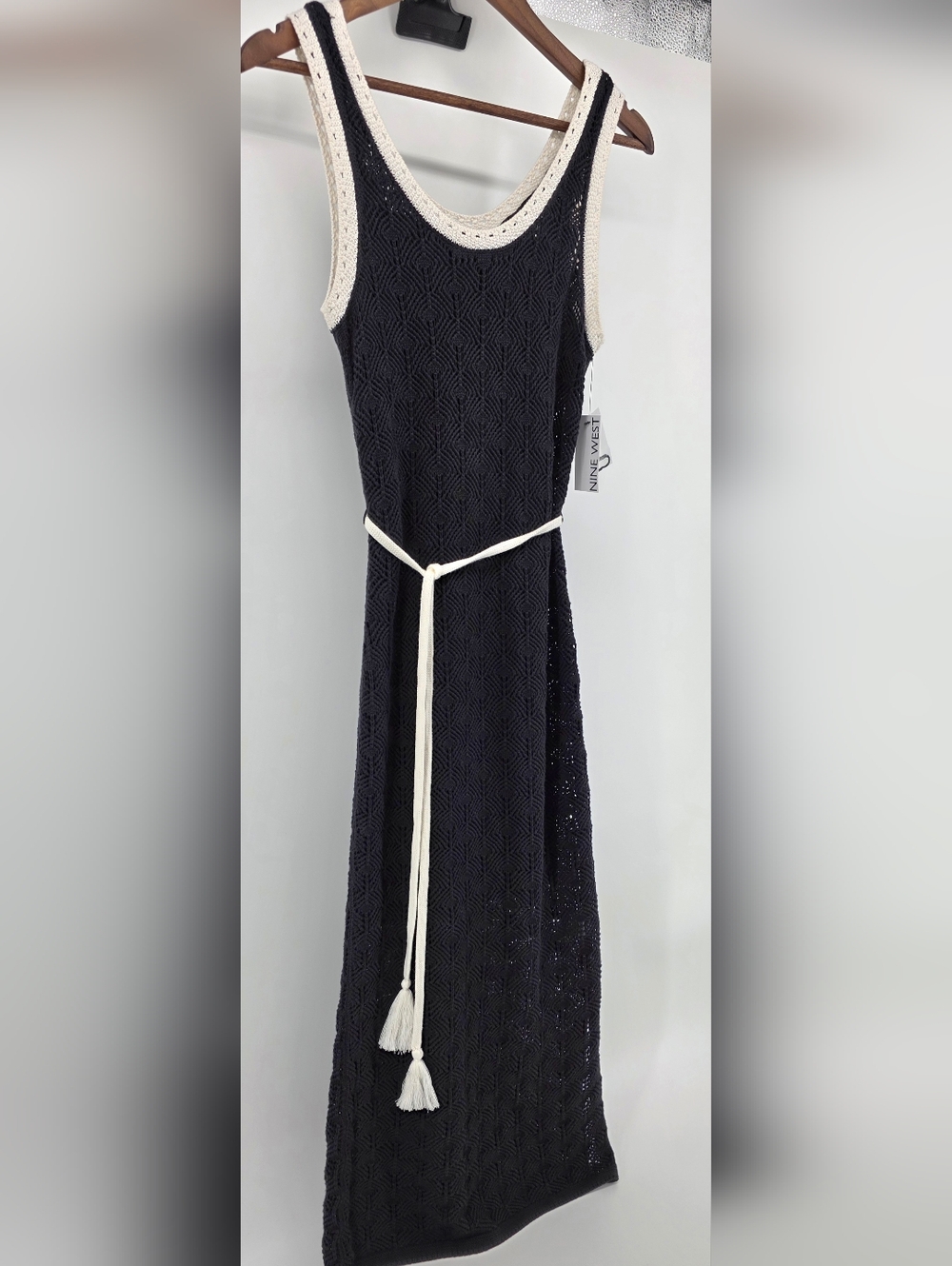 Nine West Black & Cream Crochet Knit Maxi Dress Coastal Chic Boho – Size XS - Picture 4 of 17